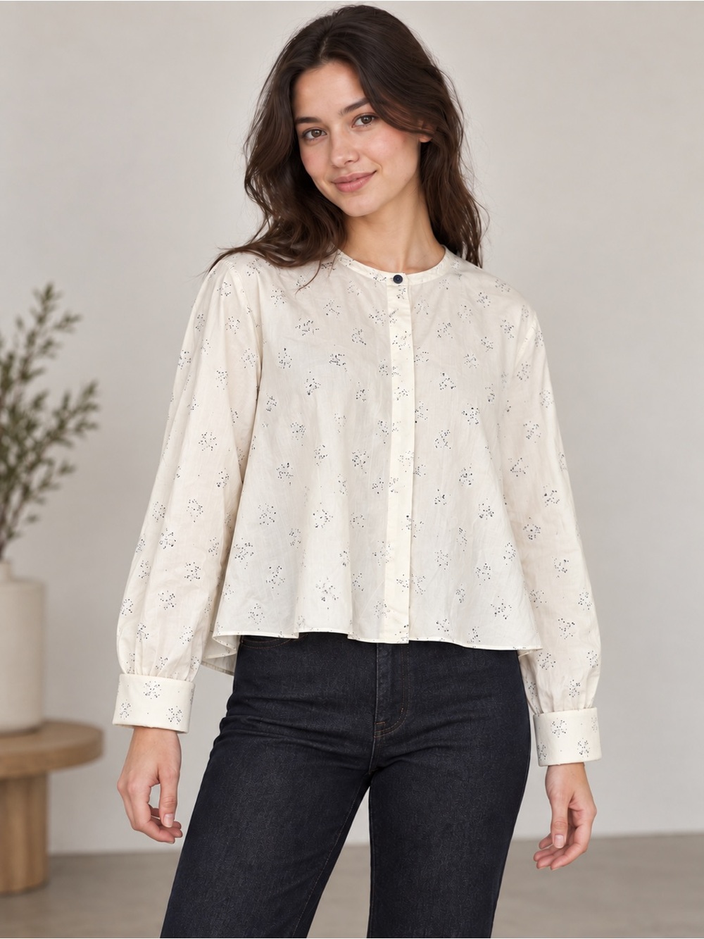 Theory Silk Blend Cropped Easy Long Sleeve Shirt Size M